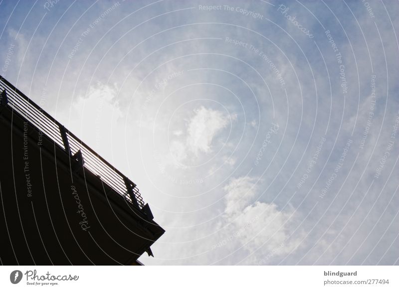 spring Sky Clouds Sun Sunlight Beautiful weather Wind Building Architecture Balcony Concrete Metal Above Gloomy Blue Black White Esthetic Tilt Line Corner