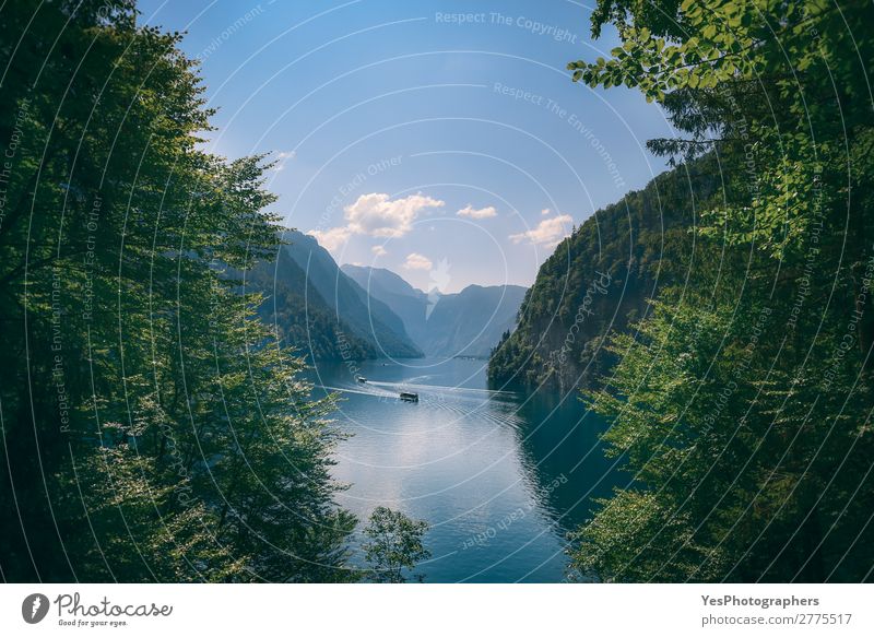 Konigsee lake in the German Alps in summer Joy Tourism Summer Mountain Nature Landscape Beautiful weather Leaf Forest Lake Fresh Natural Blue Green Idyll