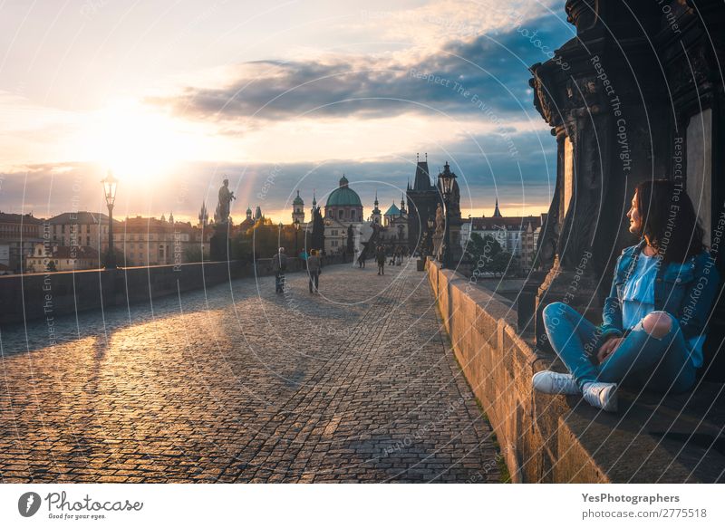 Millenial girl sitiing on bridge wall at sunrise Lifestyle Happy Beautiful Relaxation Summer Woman Adults Art Landscape Bridge Architecture Brunette Think Sit