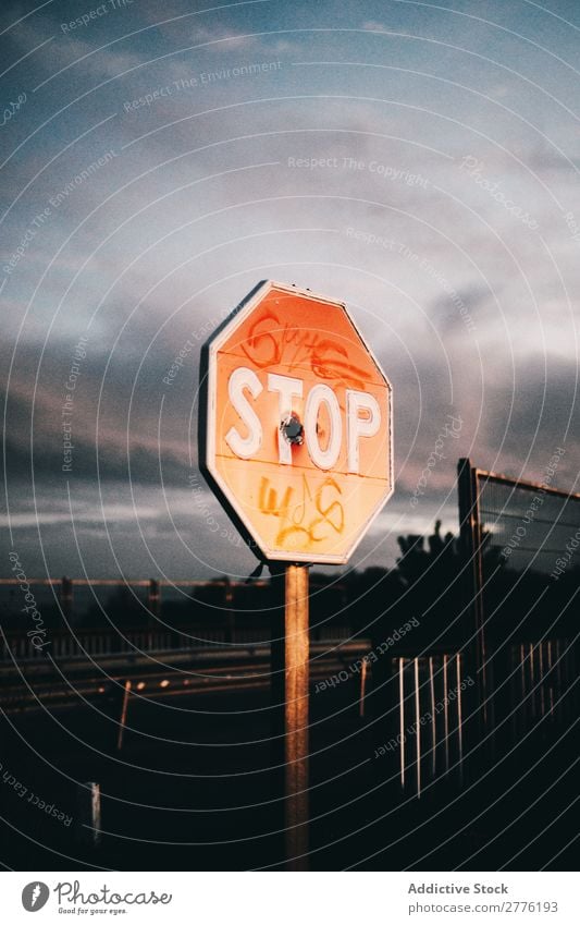 Stop sign with tags Sign Graffiti Label Symbols and metaphors Street Warning Deserted Road sign Safety Object photography Transport Red forbidden ban Old Town