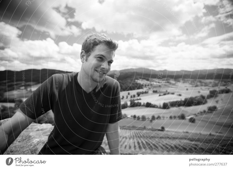 Sun Kissed Human being Masculine 1 Nature Landscape Plant Meadow Field Hill Emotions Adventure Black & white photo Exterior shot Day Light Long shot Wide angle