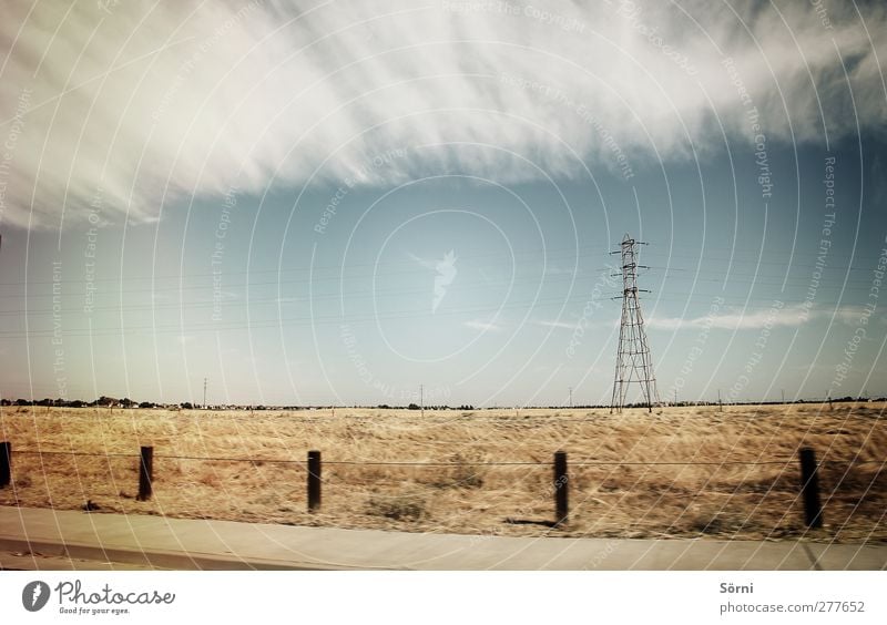 Wide willow Trip Far-off places Freedom Summer Cable Energy industry Nature Landscape Sky Clouds Horizon Beautiful weather Drought Grass Field Infinity Dry