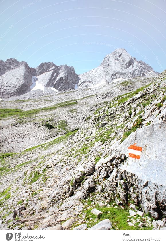 Find the way Vacation & Travel Mountain Hiking Nature Landscape Earth Sky Cloudless sky Summer Beautiful weather Grass Rock Alps Stone Gray Green Calm