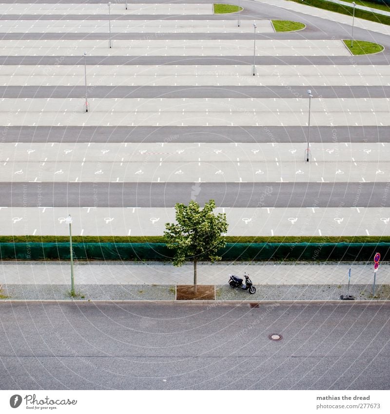 shadow parker Town Places Architecture Transport Scooter Sharp-edged Parking lot Empty Lantern Street Tree Line Colour photo Exterior shot Pattern Deserted Day