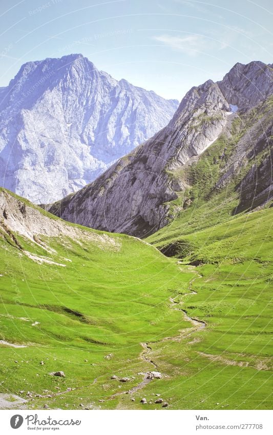 halfway up Calm Vacation & Travel Mountain Nature Landscape Earth Sky Summer Grass Rock Alps Lanes & trails Tall Warmth Soft Blue Green Colour photo