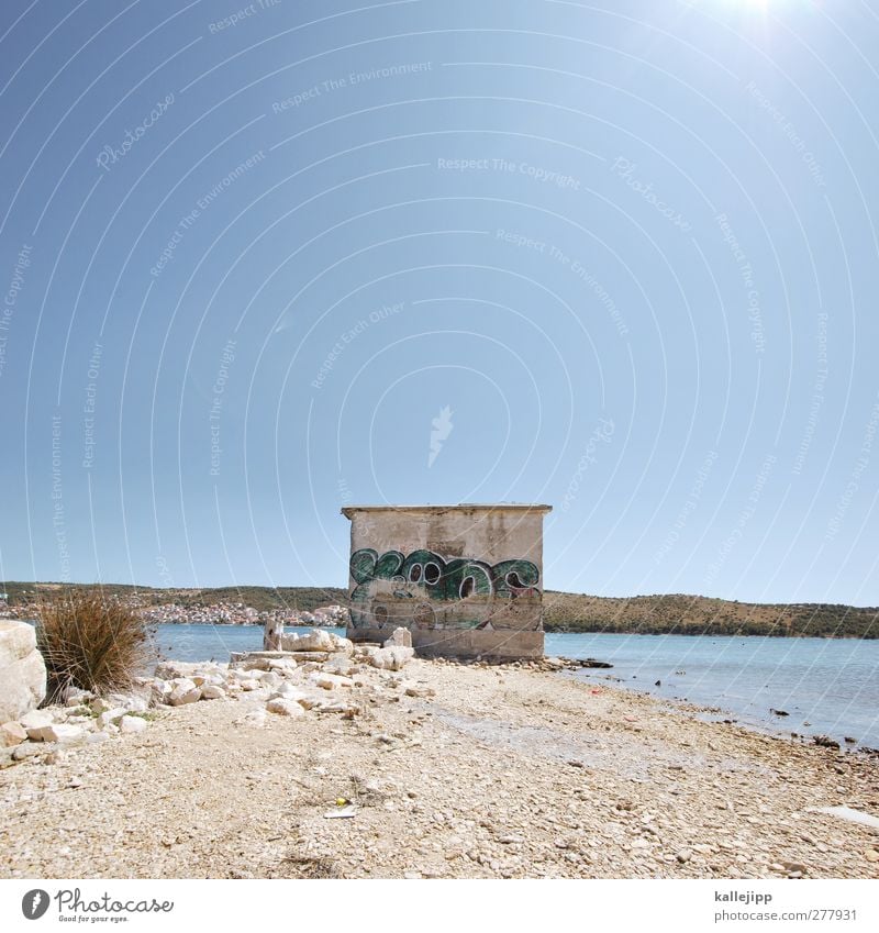 with sea view Environment Earth Water Cloudless sky Summer Coast Graffiti Stone Croatia Adriatic Sea Colour photo Exterior shot Deserted Light Contrast Sunlight