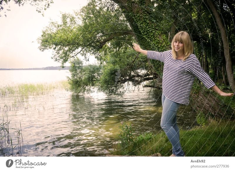 Oooh and departure... Human being Young woman Youth (Young adults) 1 Nature Water Summer Tree Lakeside Happiness Colour photo Exterior shot Day