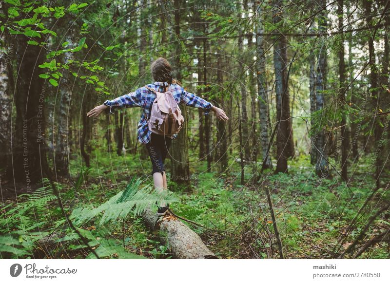 happy kid girl exploring summer forest Lifestyle Happy Playing Vacation & Travel Adventure Freedom Expedition Summer Hiking Child Infancy Nature Plant Fog Tree