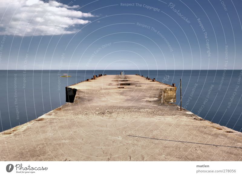 canoe Sky Clouds Horizon Beautiful weather Coast Ocean Mole Rowboat Blue Brown Colour photo Exterior shot Deserted Copy Space top Copy Space bottom Day