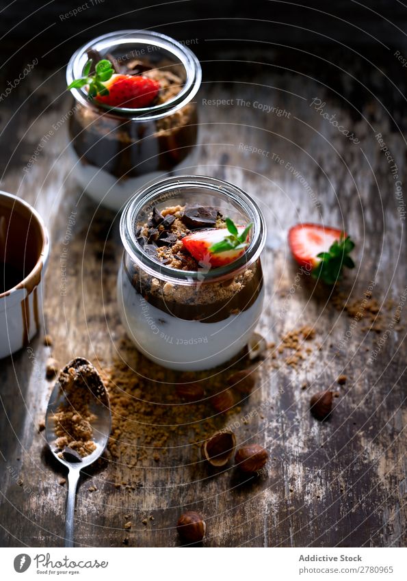 Jar with strawberry and chocolate jar Chocolate Breakfast Strawberry Hazelnut leaf served Food Creamy Fruit Glass Dairy Fresh Organic Tasty Dessert Sweet