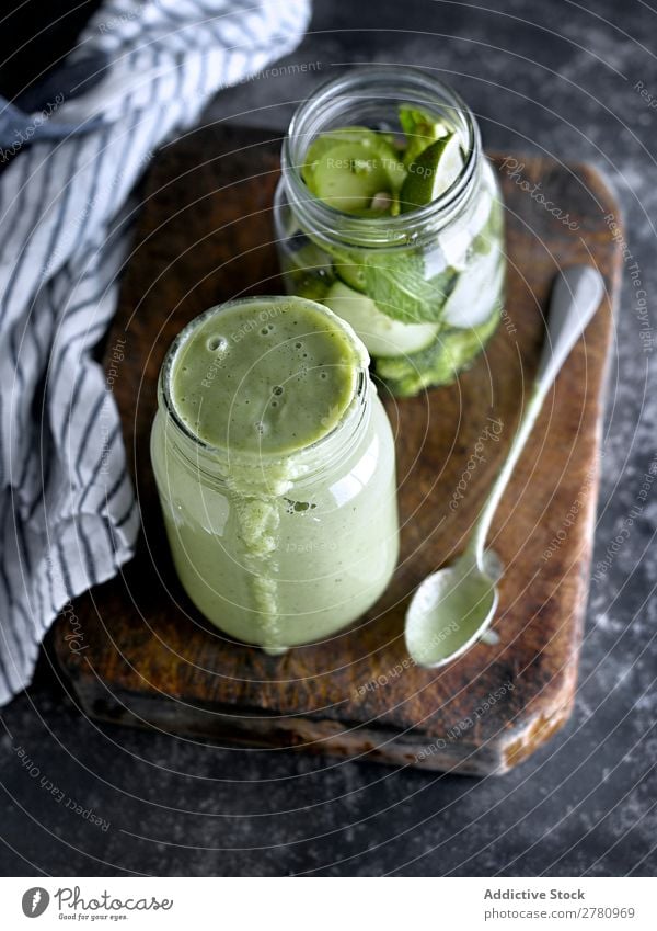 Jar filled with green healthy smoothie Milkshake Green Healthy Delicious jar served Drinking Detox Vitamin Fresh Ingredients Vegetable Lifestyle Food Organic