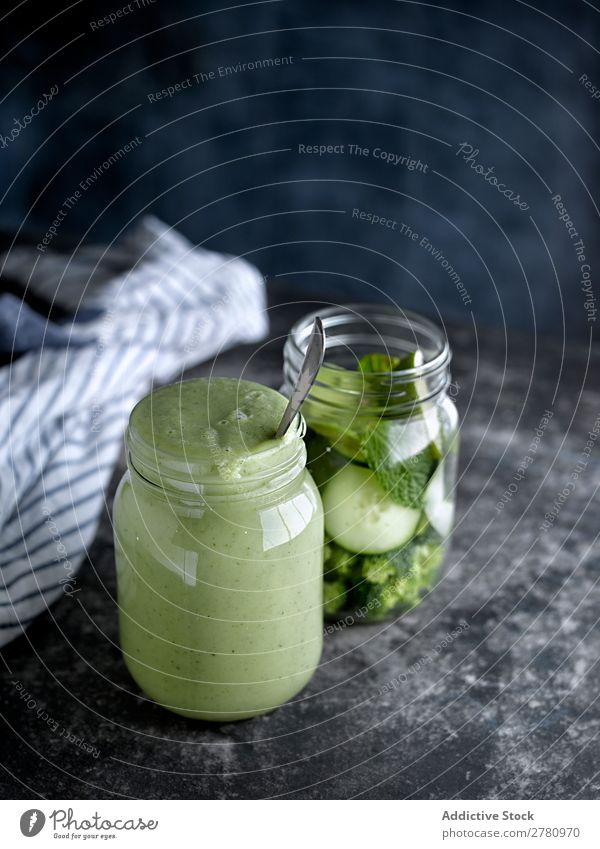 Jar filled with green healthy smoothie Milkshake Green Healthy Delicious jar served Drinking Detox Vitamin Fresh Ingredients Vegetable Lifestyle Food Organic