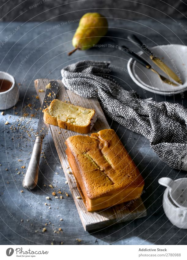 Flay lay of served freshly baked pear cake with tea on rustic table. Cake Teatime Set setting table Fresh Pear Eating Dessert Food Tradition Organic