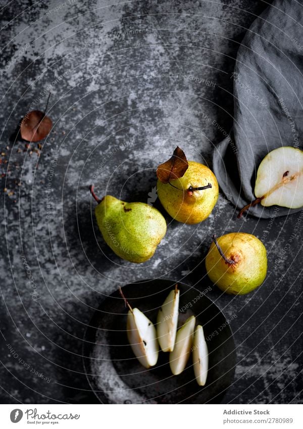 Fresh and sweet pears on table Pear Rustic Fruit Organic Food Healthy Juicy Shabby Vegetarian diet Sweet Nutrition Seasons Refreshment Green Harvest Tasty