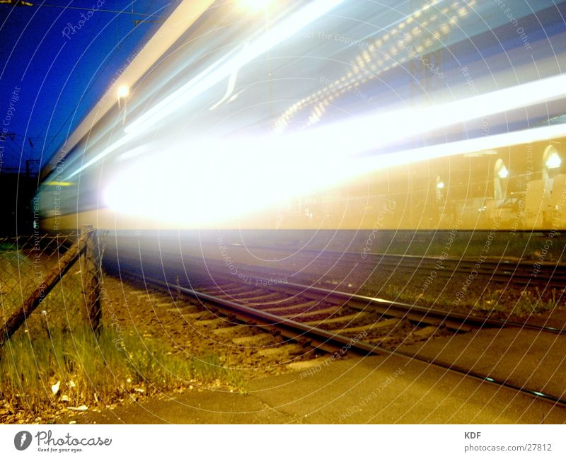 metronome Railroad Bremen Light Train station Night Long exposure Stripe Speed Evening Arrival Night journey Dangerous db KDF rails Dusk