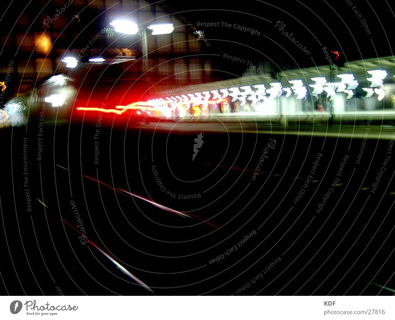 at the station Night Long exposure Railroad Train station Bremen Central station Commuter trains Lantern Light Red White Black Blur Railroad tracks Wait Arrival