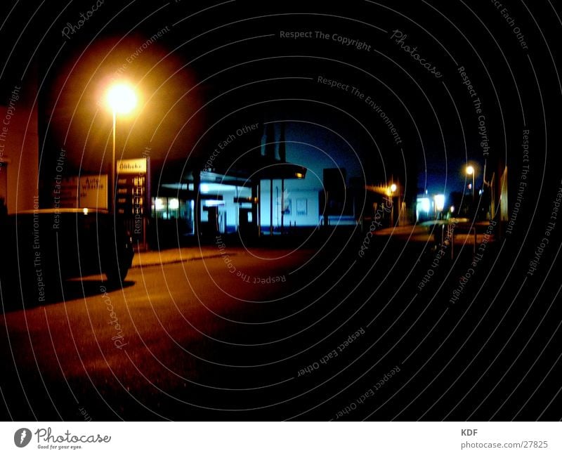 Fuel station at three Petrol station Night Yellow Long exposure Black Bremen Style Empty Light Blue nothing going on Street KDF