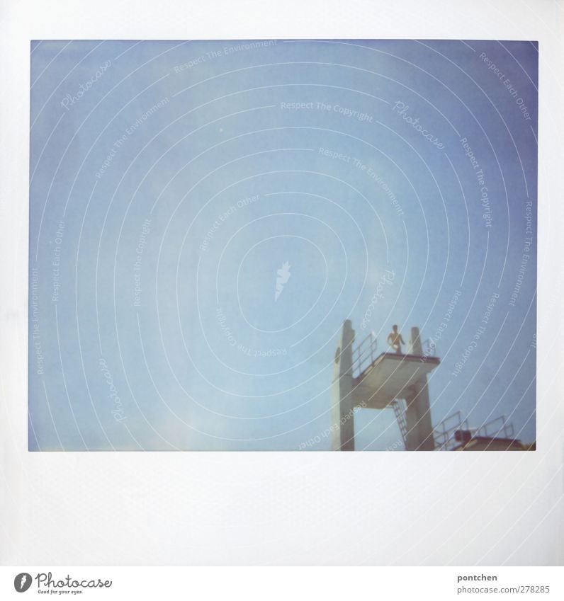 Polaroid. Teenager stands on a 10 meter board on a diving platform. Fear of heights, courage, fear Sporting Complex Young man Youth (Young adults) Human being