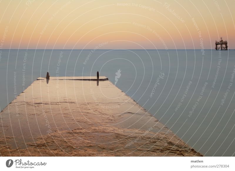 lost platform Landscape Sky Cloudless sky Horizon Sun Beautiful weather Coast Ocean Deserted Drilling rig Ruin Footbridge Mole Blue Orange crimpy Colour photo