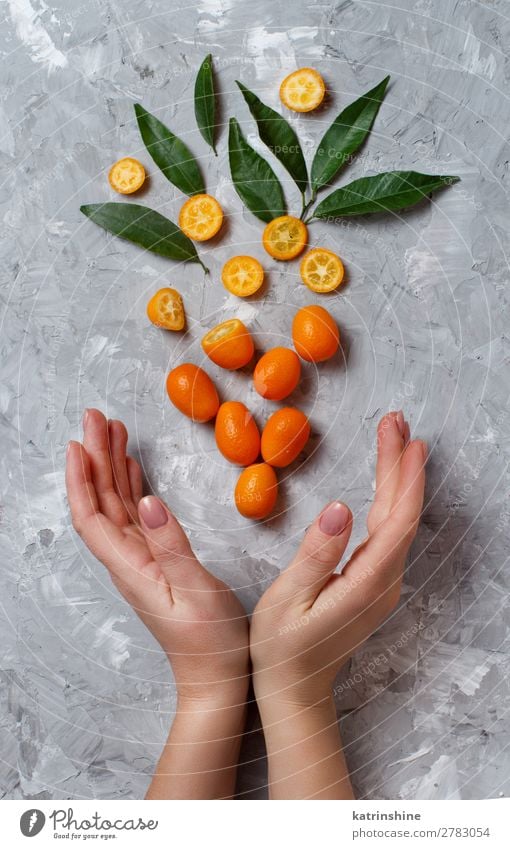 Kumquat fruits on a grey background Fruit Dessert Nutrition Vegetarian diet Diet Exotic Hand Group Leaf Fresh Natural Above Juicy Yellow Gray Colour citrus