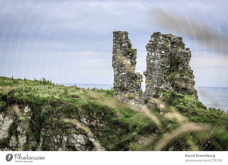 Back on the "green Island" Vacation & Travel Ocean Landscape Water Sky Clouds Summer Bad weather Plant Grass Hill Rock Coast Gray Green Northern Ireland Ruin