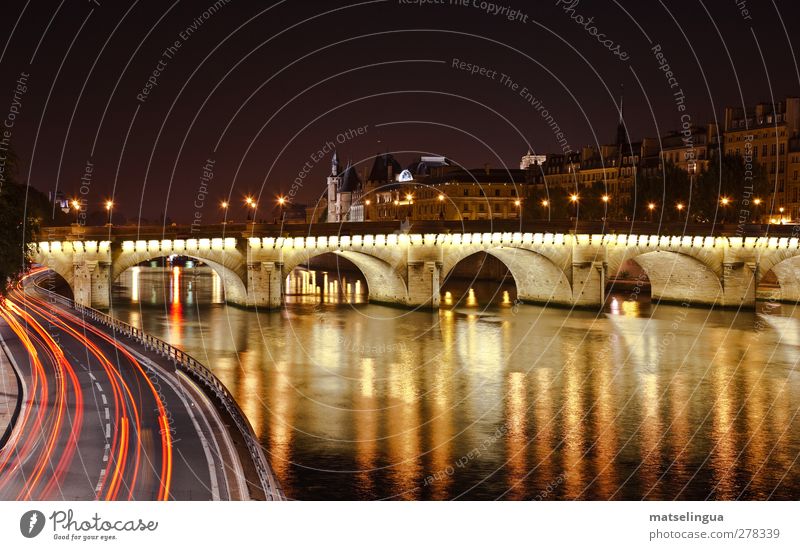 Paris - Pont Neuf Capital city Deserted Bridge Tourist Attraction Yellow Black Romance Dream Esthetic To enjoy Symmetry Colour photo Exterior shot Night