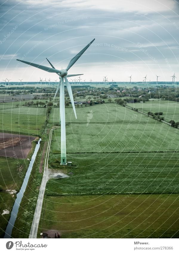 Dull view Machinery Technology High-tech Energy industry Renewable energy Wind energy plant Energy crisis Landscape Clouds Horizon Bad weather Brook Rotate Tall