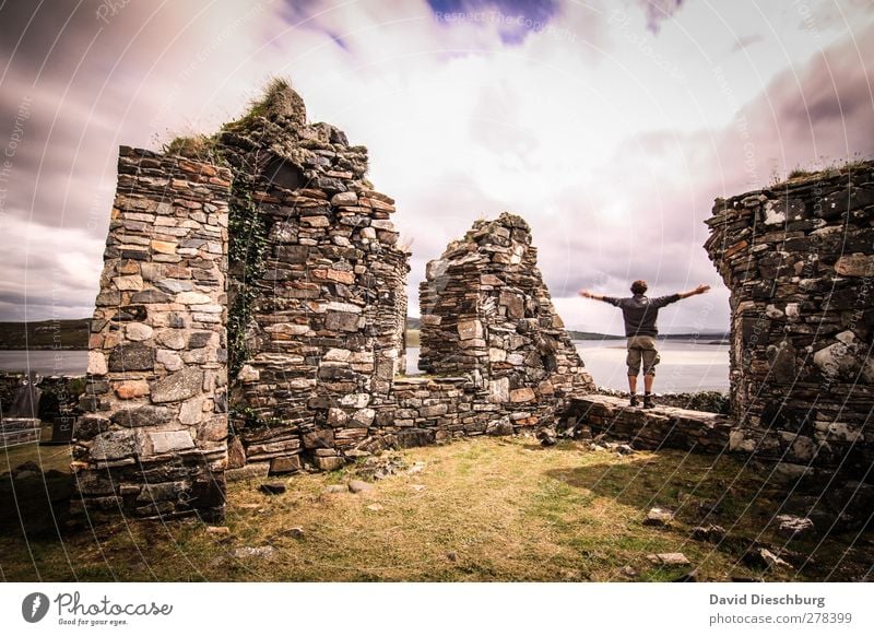 *700* Ireland i love you Masculine Young man Youth (Young adults) Man Adults Landscape Sky Clouds Summer Autumn Beautiful weather Grass Foliage plant Ruin