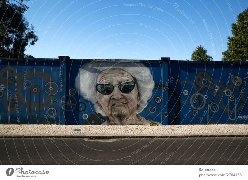 Graffiti against blue sky Wall (building) Facade Exterior shot Street art Art Colour photo Creativity Mural painting Youth culture Grandmother Human being