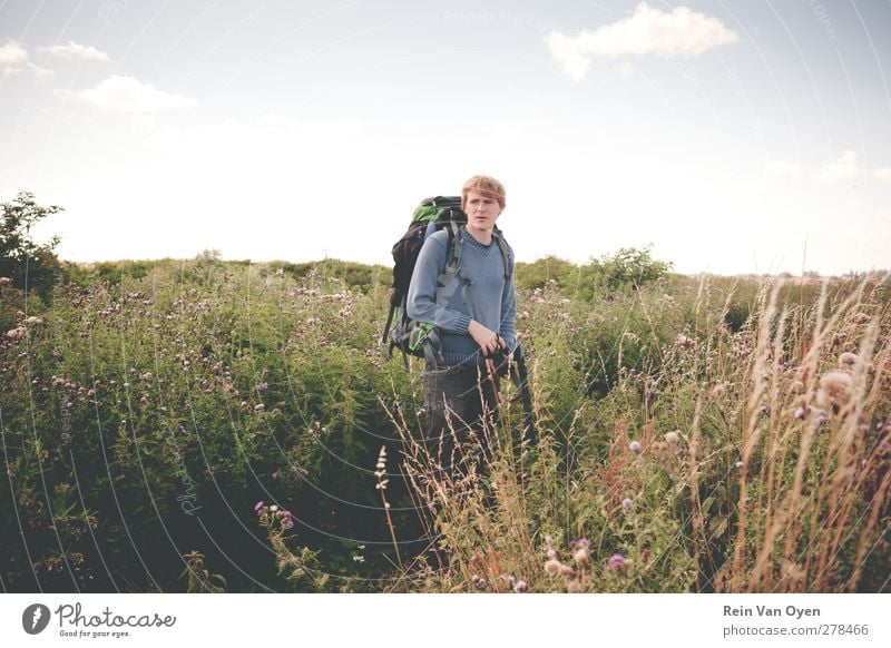 Backpacker Human being Young man Youth (Young adults) Man Adults 1 18 - 30 years Environment Nature Landscape Plant Sky Clouds Horizon Spring Summer Weather