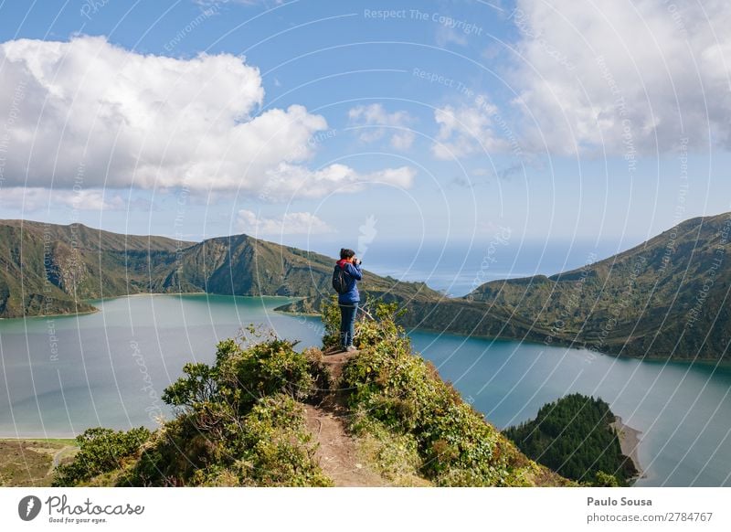 Tourist photographing lake Vacation & Travel Tourism Trip Adventure Freedom Sightseeing Island Hiking Young man Youth (Young adults) 1 Human being 18 - 30 years