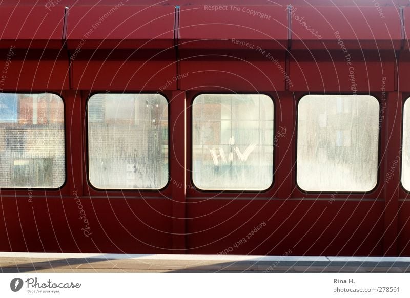 HIV Traffic infrastructure Passenger traffic Train station Platform Red Boundary Barrier Colour photo Exterior shot Deserted Subway station Window