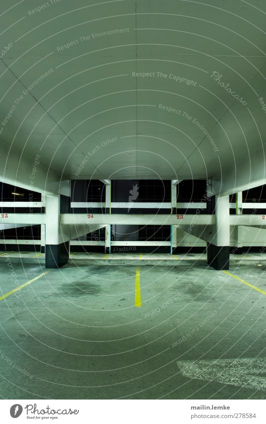 multi-storey car park Wellington New Zealand Parking garage Authentic Dark Sharp-edged Simple Yellow Green Black White Subdued colour Interior shot