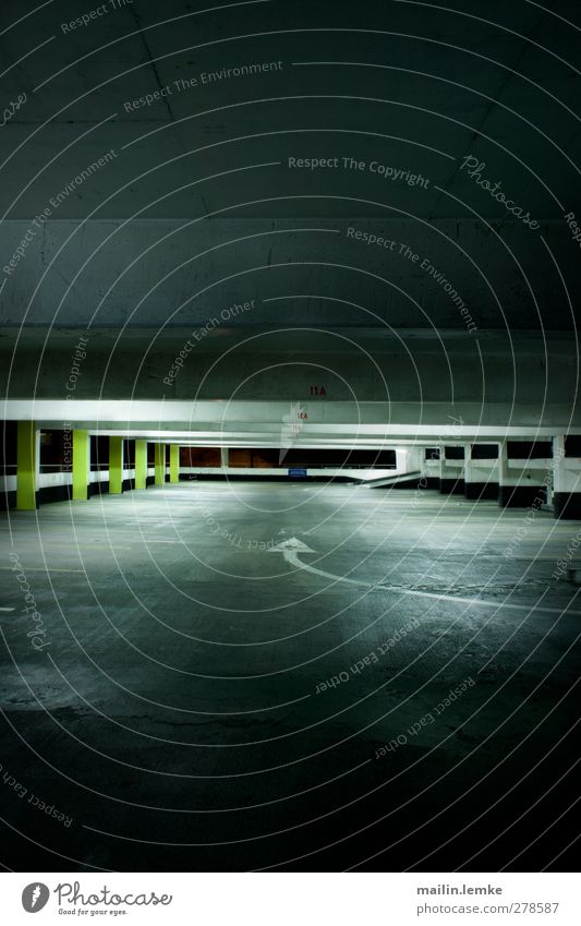 multi-storey car park Parking garage Exceptional Threat Dirty Dark Sharp-edged Gigantic Cold Yellow Gray Black White Subdued colour Interior shot Deserted