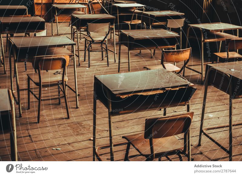 Room with old school desks School Desk Old Classroom Row student table Building Vantage point Construction Broken Furniture Deserted Ruin Creepy Trash Study