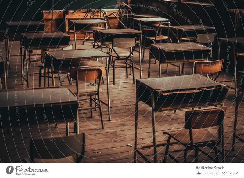 Room with old school desks School Desk Old Classroom Row student table Building Vantage point Construction Broken Furniture Deserted Ruin Creepy Trash Study