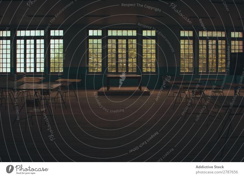 Table on stand in room Room composition Wood Stand Empty Window big Construction Broken Furniture Old Building Deserted Ruin Vantage point Creepy Trash