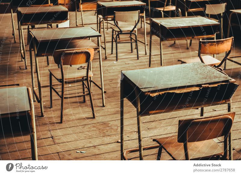 Room with old school desks School Desk Old Classroom Row student table Building Vantage point Construction Broken Furniture Deserted Ruin Creepy Trash Study