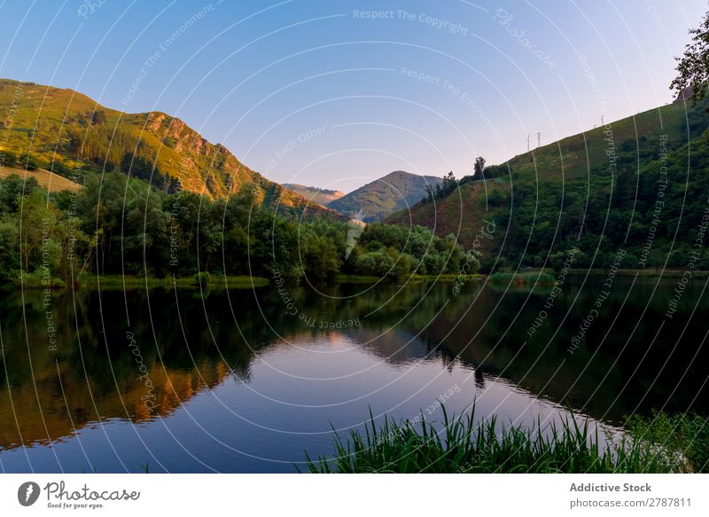 Wonderful lake between forest and hills Lake Hill Forest Water Surface Tree Mountain Height Amazing Vantage point Sky Sunbeam Blue Beautiful Heaven Landscape