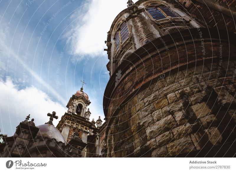 Old tower of cathedral and blue sky Tower Cathedral Sky Monastery Clouds Heaven Ancient Blue Religion and faith Building Stone Height Facade Beautiful Tourism