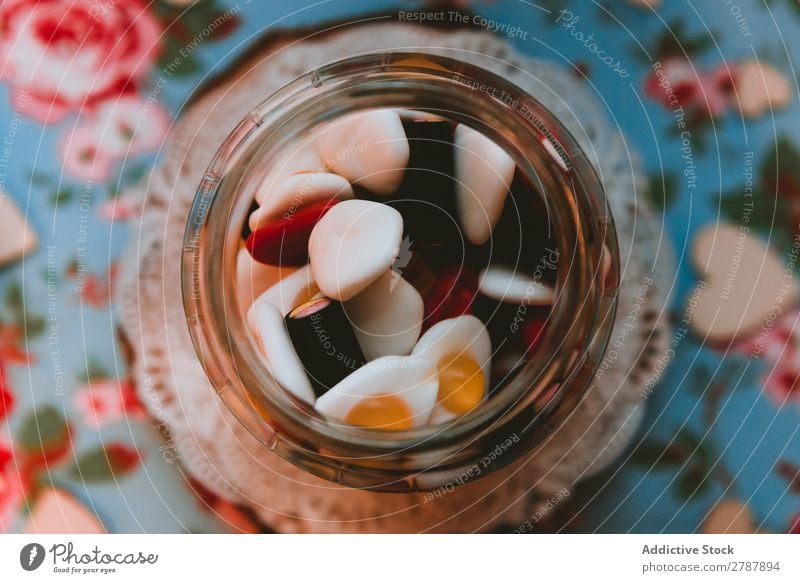 Sweet candies in can on table Candy Jelly Tin Table Glass Multicoloured Tablecloth Delicious Tasty Many Sugar Confectionary Dessert Snack Mix Food Bright