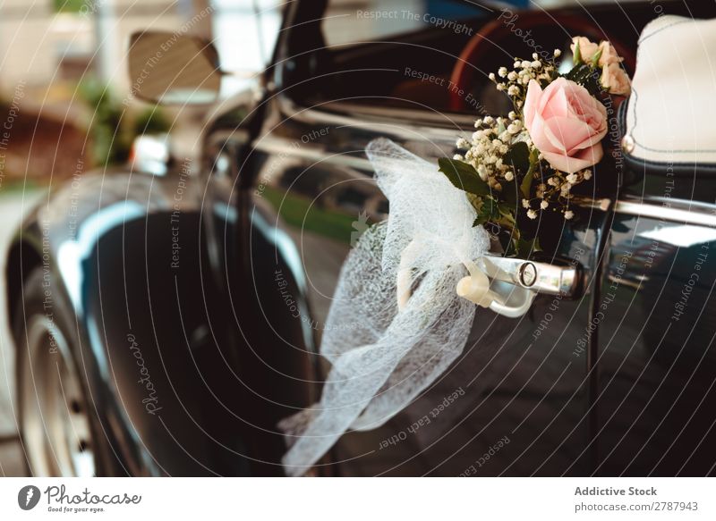 Flower on handle of retro car Car Handle Retro Wedding Fresh Rose Hanging cabriolet Vintage Street Beautiful Feasts & Celebrations Wonderful Aromatic Design