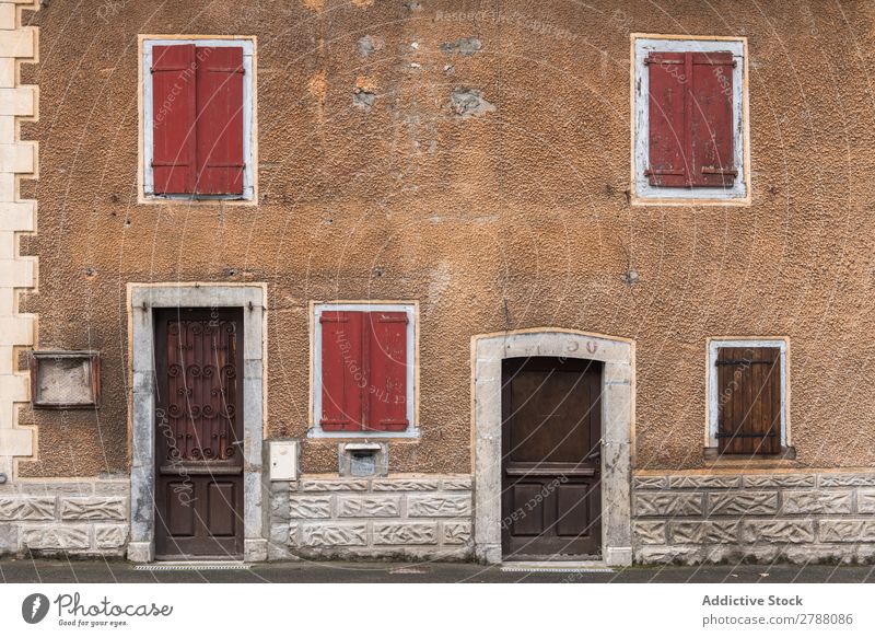 Court between grey stone building Building Stone Pyrenees Rock House (Residential Structure) Door yard Wood Brown Old Red Construction Facade Vacation & Travel