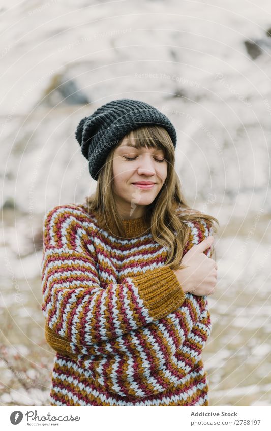 Young woman with crossed hands near mountain Woman Mountain Crossed Hand Pyrenees Lady Sweater Hat Hill Cold Closed eyes Attractive Wonderful