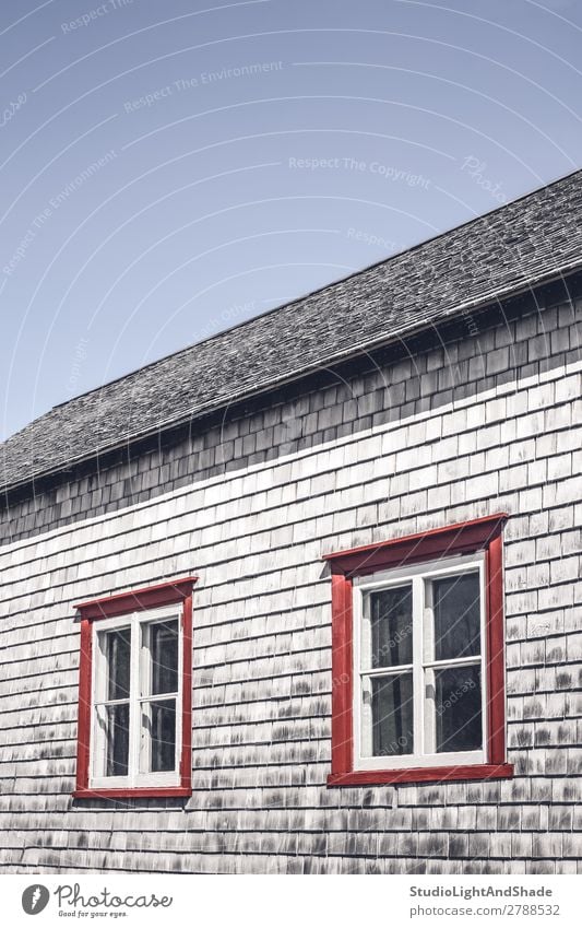 Windows of a traditional rustic house House (Residential Structure) Landscape Sky Village Hut Building Architecture Wood Old Faded Historic Retro Blue Gray Red