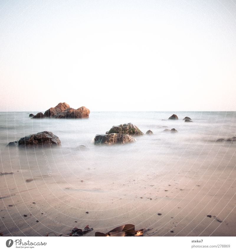 Pacific Cloudless sky Waves Beach Ocean Soft Blue Yellow Pacific beach Rock Calm Subdued colour Exterior shot Deserted Copy Space top Copy Space bottom