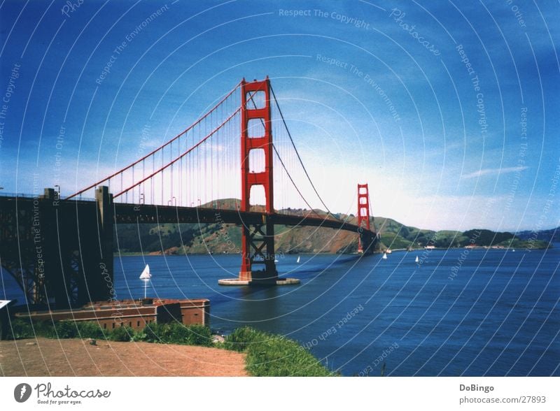 Golden Gate Golden Gate Bridge San Francisco Summer Ocean Americas Red Manmade structures Suspension bridge Lake Construction Clouds Watercraft California