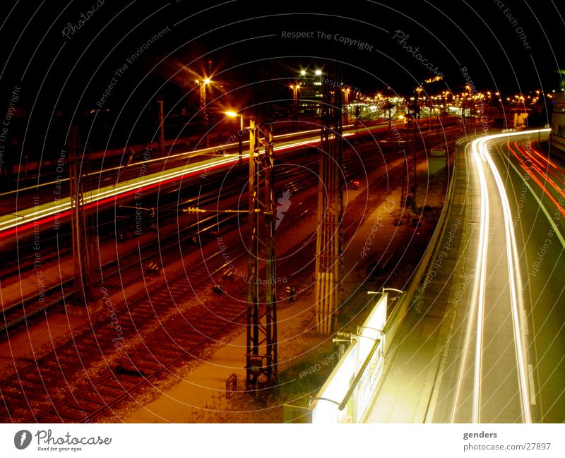 Würzburg train station Night Long exposure Railroad Visual spectacle Neon light Europe Train station Light Colour Street Lighting