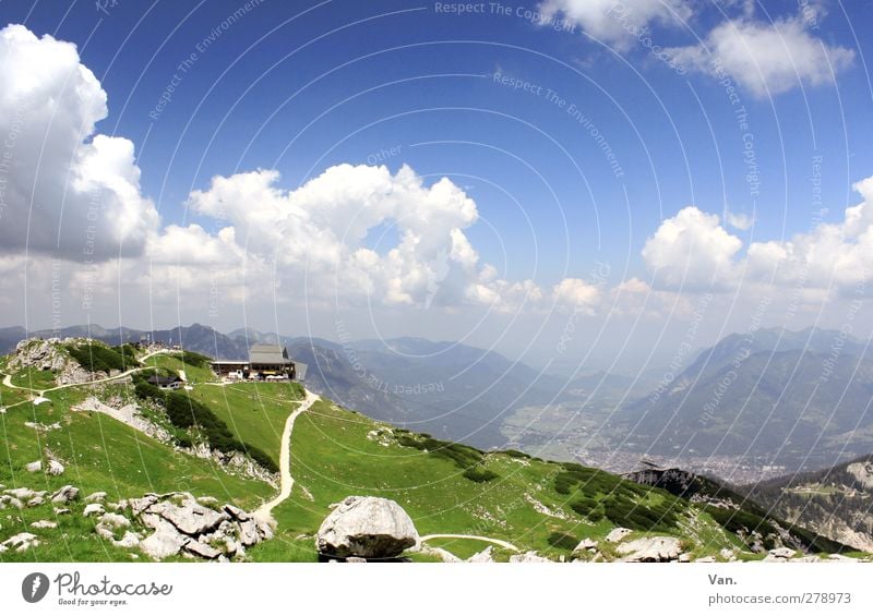 only flying is better Landscape Sky Clouds Summer Beautiful weather Grass Rock Alps Mountain Building Lanes & trails Hiking Fresh Tall Blue Green Valley