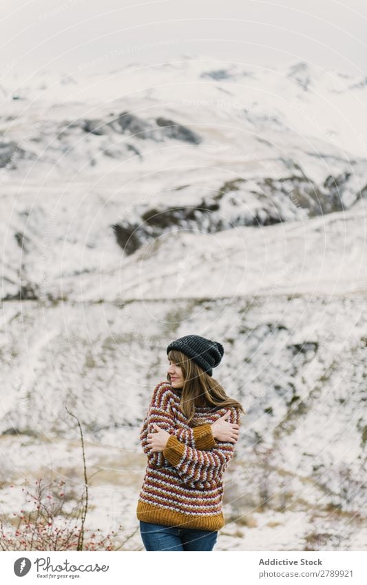 Young woman with crossed hands near mountain Woman Mountain Crossed Hand Pyrenees Lady Sweater Hat Hill Cold Closed eyes Attractive Wonderful